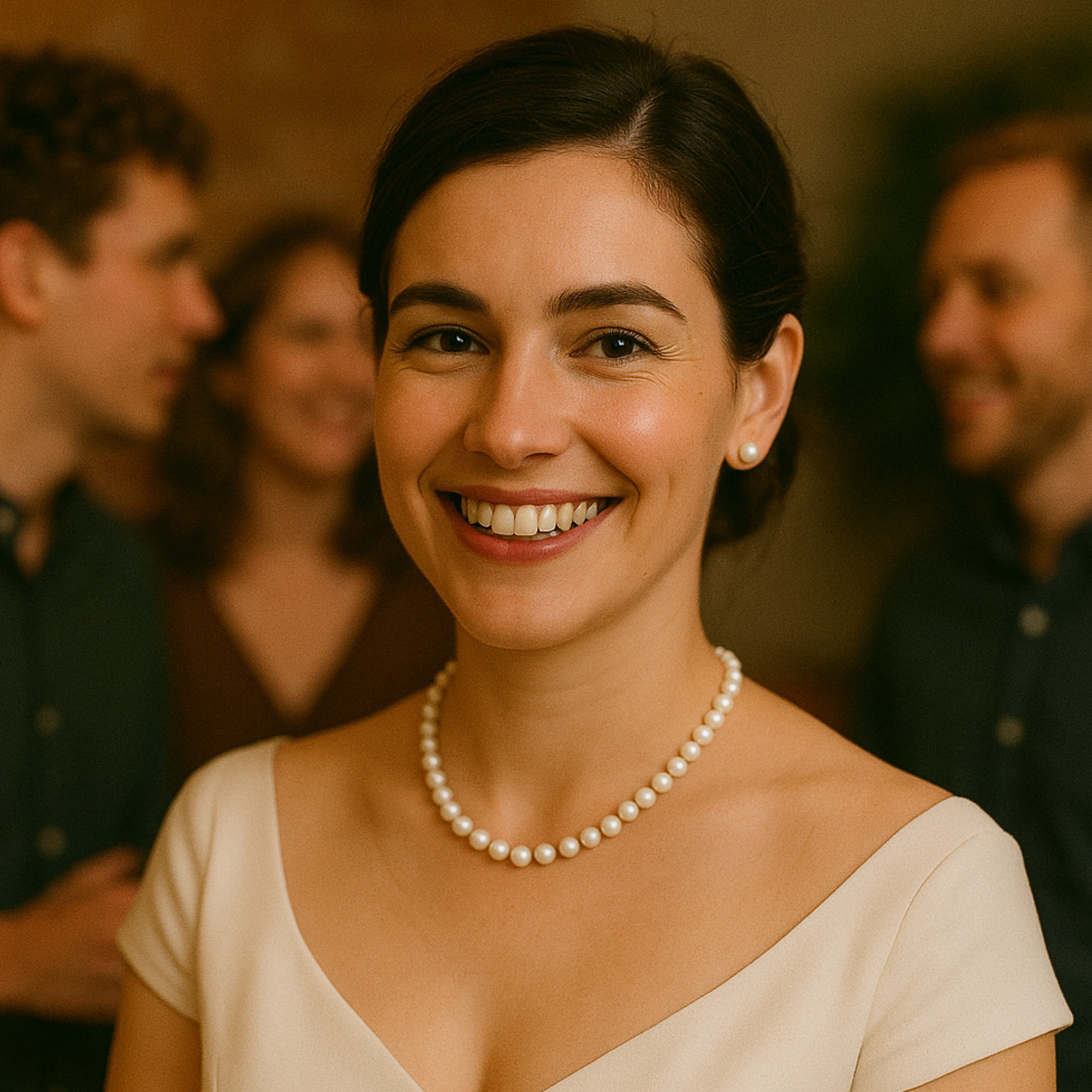 Colier cu Perle Albe 7–8 mm, la Baza Gâtului, Închizătoare Aur, Context Petrecere, Rochie Albă